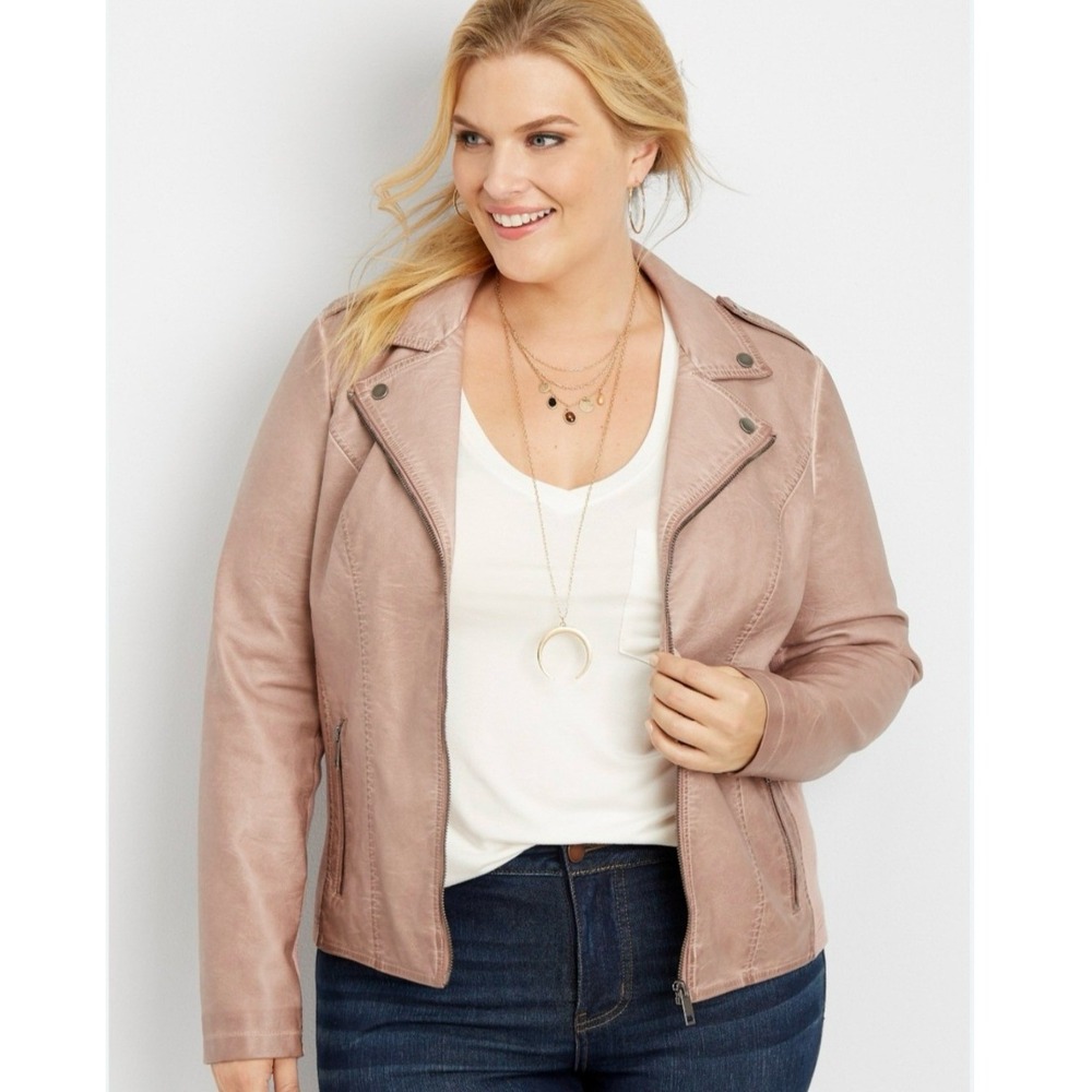 Maurices Women Faux Leather Moto Jacket 1X Mauve Pink Zip Up Ribbed Panels